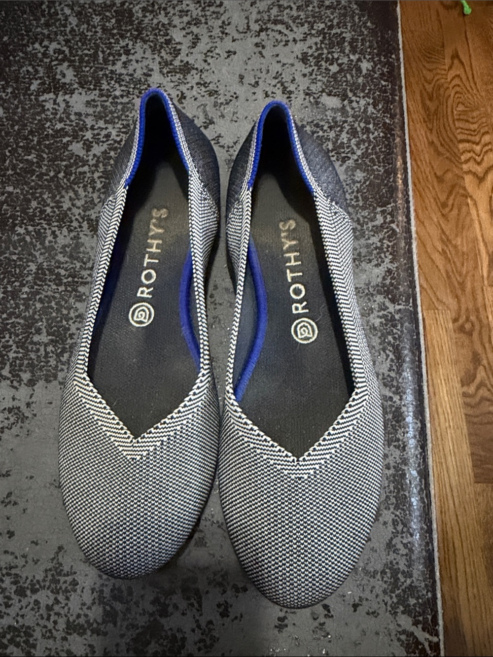 Rothy's Black & White Knit Ballet Flats with Blue Trim